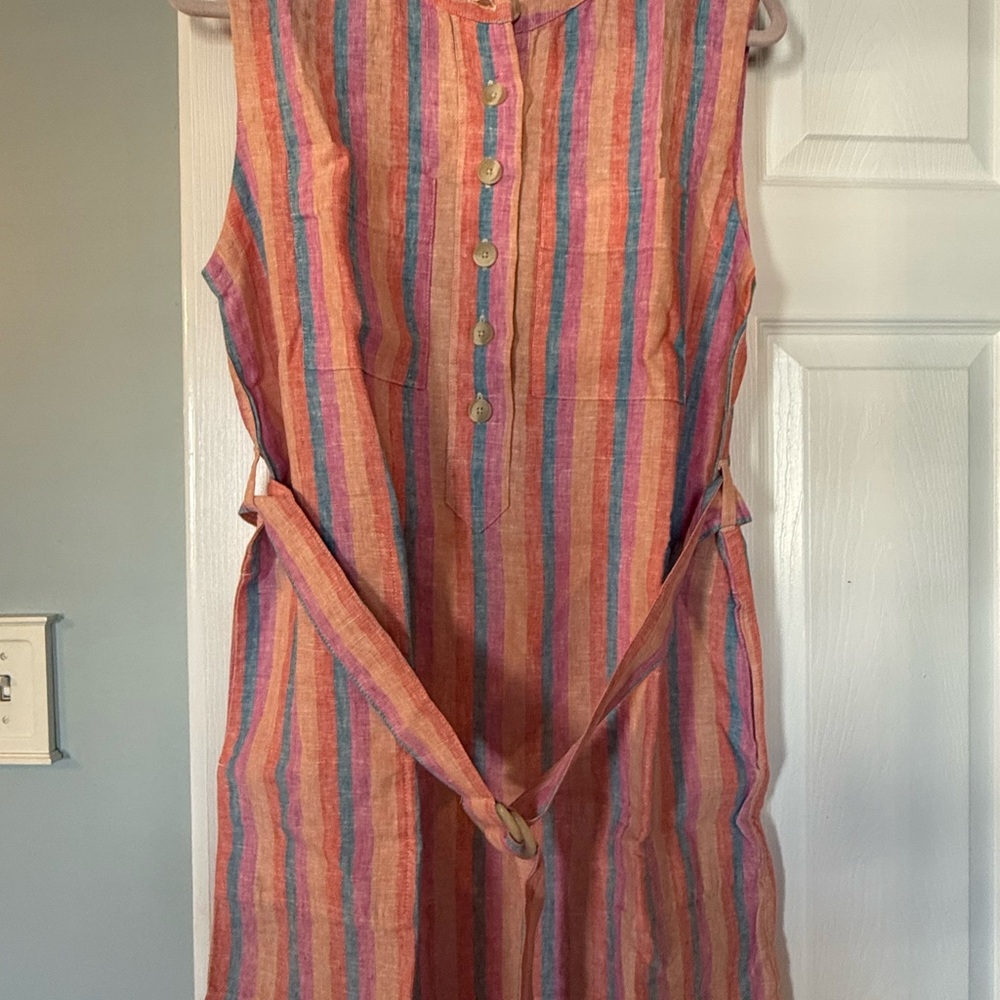 Faherty  Avalon dress, Multicolor Striped Button-Down with belt.